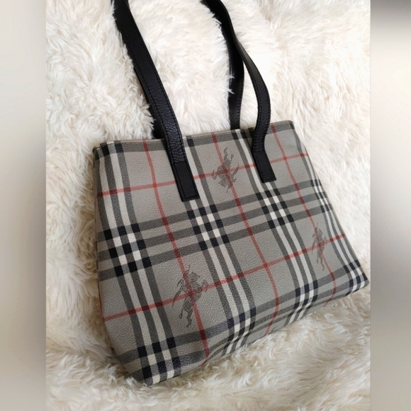 Burberrys Grey Multi Check Print Canvas Leather Bag - Picture 15 of 16